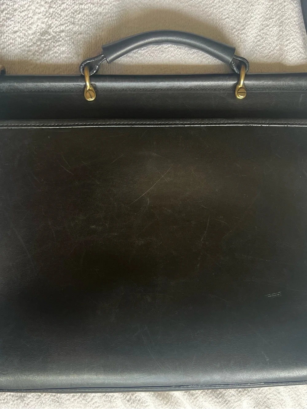 VINTAGE Black Leather Briefcase Shoulder Bag Classic Satchel Style Brass Harware